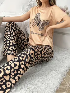 Women's Knitted Homewear Heart Leopard Print Short Sleeve Top and Long Pants Sleepwear Set, Casual Loose-Fitting All Seasons Pajama Set Nightwear Loungewear Set, Pajamas Lounge Set