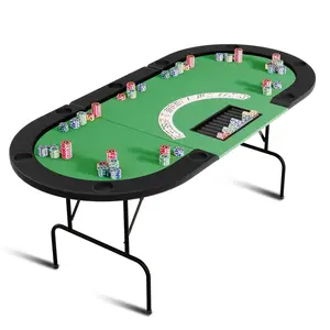Oval Poker Table for 10 Players, Foldable Casino Gaming Table with Collapsible Legs, Plastic Cup Holders & Water-Resistant Cushioned Rail, Texas Holdem Blackjack Card Table - Green