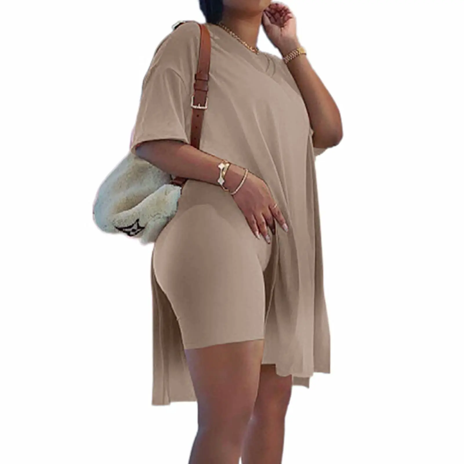 METAONLY Women's Plus Size 2-Piece Outfits - Spandex Oversized Loose Short Sleeve Tunic Tops & Skinny Biker Shorts Split Hem Bodycon Tracksuits for Spring Lounge Wear, 2 Piece Sets Women, Festival, Crop, Soft, Plus Size Tops