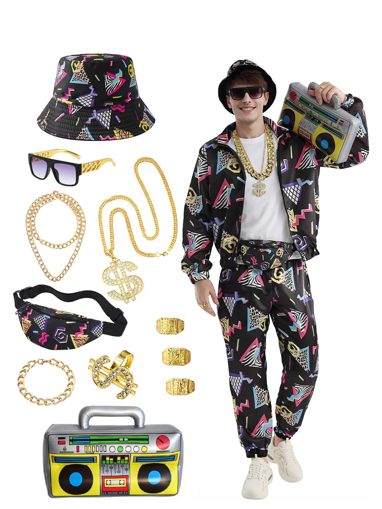80s 90s Men Outfit Rapper Hip Hop   Halloween Party   Costumes    Men  Track Suits Retro Windbreaker Sportwear   Clothes  Set