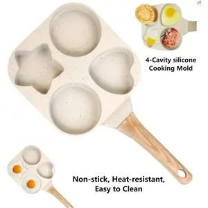 1pc Non-stick egg frying pan, 4-hole Heart-Shaped Pancake Pan with Wooden Handle,Granite-Style Breakfast Skillet, Small Nonstick Pan for Eggs, Omelets, Toast, Pancakes & Crepes, Easy-Clean Multifunctional Kitchen Gadget, Compact Birthday Gift Idea pan