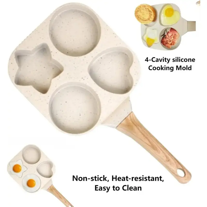 1pc Non-stick egg frying pan, 4-hole Heart-Shaped Pancake Pan with Wooden Handle, Granite-Style Breakfast Skillet, Granite Nonstick Cookware, Nonstick Pan for Eggs, Omelets, Pancakes, Easy-Clean Multifunctional Kitchen Gadget, Birthday Gift Idea pan