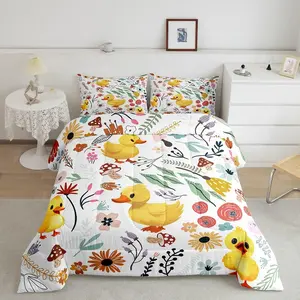 Kawaii Duck Comforter Set,Mushroom Floral Bedding Sets for Boys,Cartoon Animal Quilt Watercolor Flowers Leaves Duvet Insert for Girls