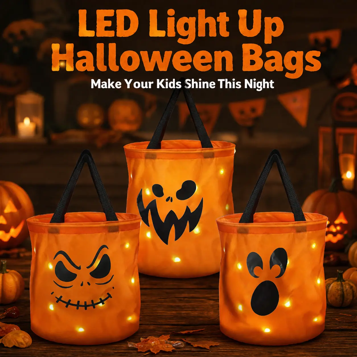 3 PCS Halloween LED Light Candy Pumpkin Buckets - 10.2x11.8in Lightweight Reusable Orange Polyester Goody Baskets, Trick-or-Treat Supplies for Halloween Party Favors Gift Lantern