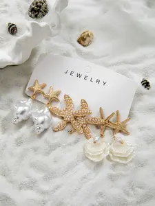 Beach Vacation Style Starfish Shell Earrings Set, 3 Pairs Pearl Conch Ear Decorations, Elegant Seashell Jewelry for Women