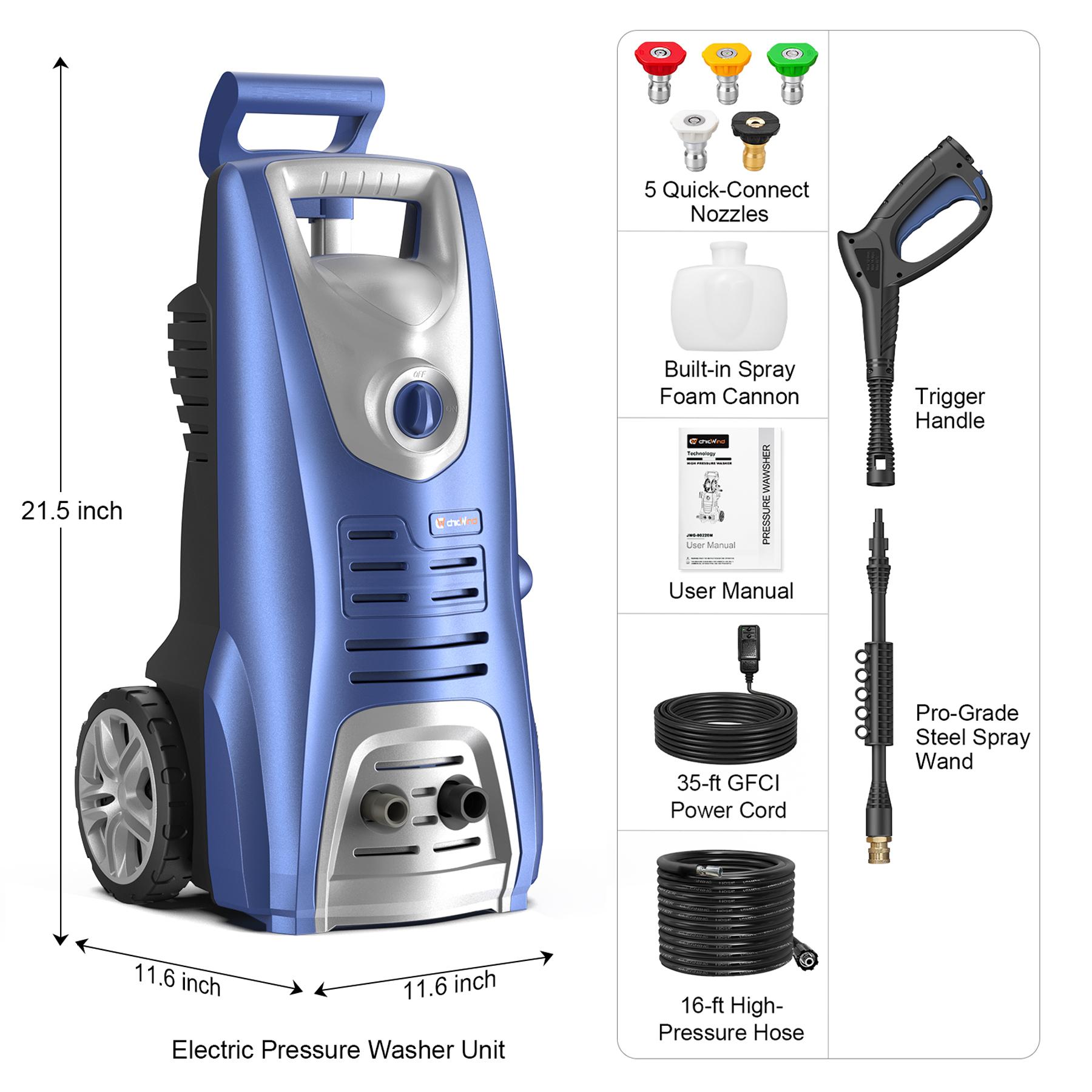 Chincwind 1600W Electric Pressure Washer 1950 PSI 1.55 GPM 5 Nozzles Foam Cannon Portable Power Washer for Car, Fences, Patios, Decks, Patios and Driveway Powerwasher, Water Pressure Washers Driveway Patio Outdoor Cleaning Chincwind 1600W Electric Pressure Washer 1950 PSI 1.55 GPM 5 Nozzles Foam Cannon Portable Power Washer for Car, Fences, Patios, Decks, Patios and Driveway Powerwasher, Water Pressure Washers Driveway Patio Outdoor Cleaning