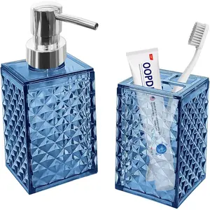 2PCS Blue Boho Bathroom Accessories Set Contains Soap Dispenser and Toothbrush Holder for Blue Bathroom Decor