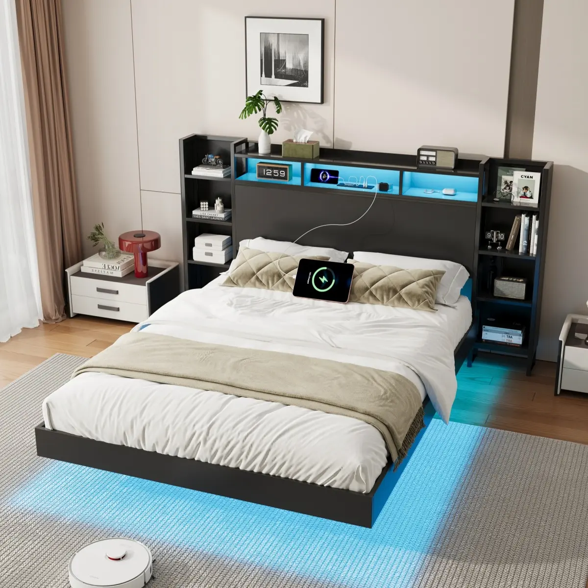 [Bellemave] Floating Bed Frame with USB Charging Station, Storage Headboard and with Led Light, Heavy Duty Metal Platform Bed Frame, No Box Spring Needed, Black