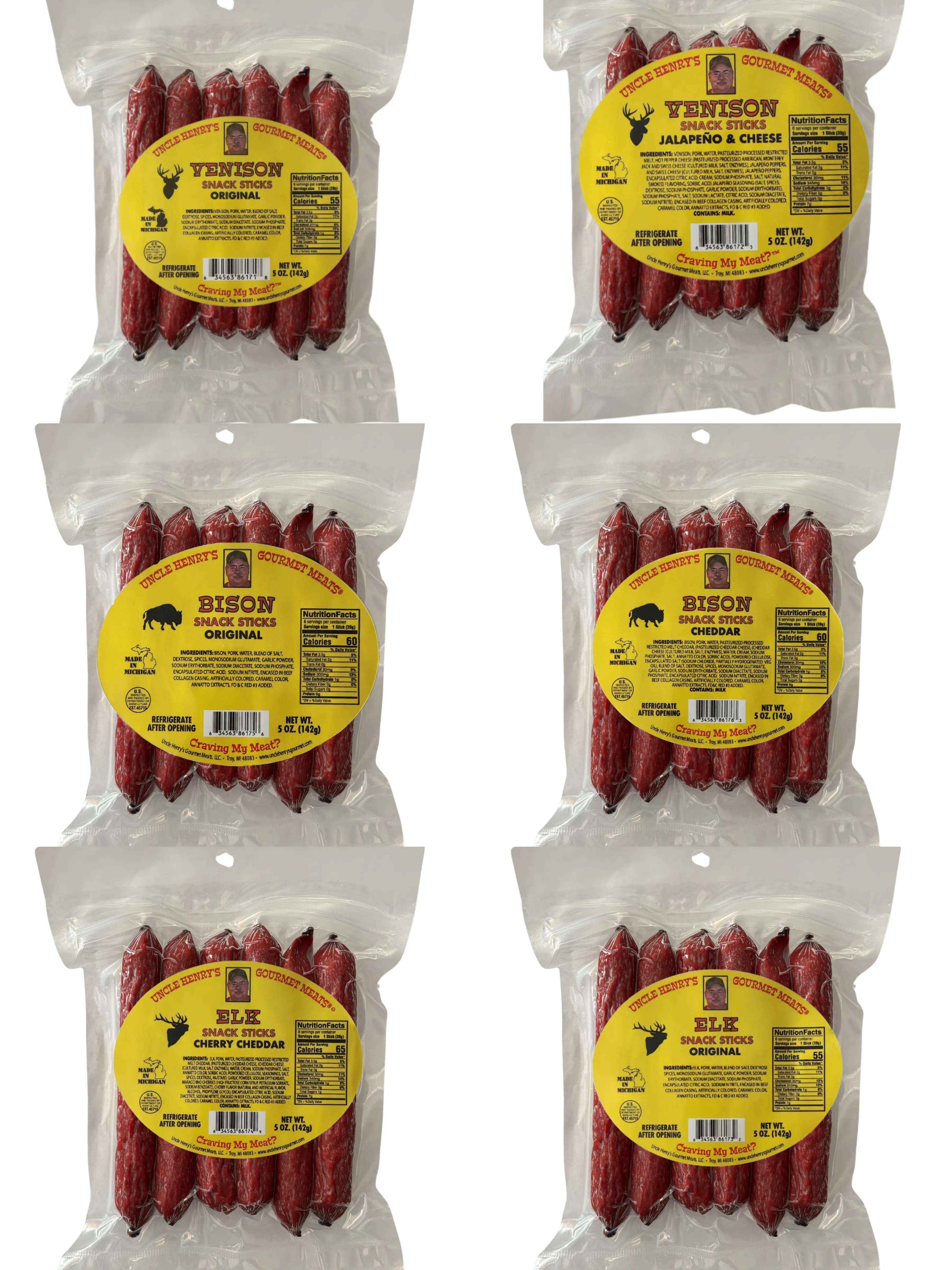 Uncle Henry's Gourmet Meats Assorted Packaged Wild Game Jerky Sampler Pack - 6 (5 oz) Bags, Low Sugar Dried Snack for Hiking/Light Outdoor