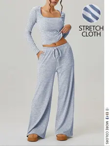 Women's Casual Striped Colorblock U-Neck Crop Pullover Sweater with Waist Rope Decorative Long Pants Two-Piece Set for Daily Wear,Airport Outfit