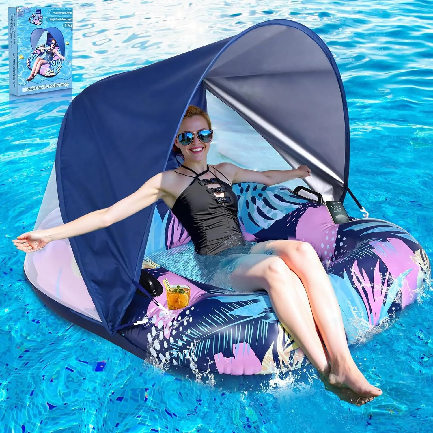 Pool Float with Canopy, 2 Cup Holders - XL Inflatable Pool Floats with Adjustable Sun Shade Cover, Dual Handles, Ergonomic Headrest, Lake raft lounge floatie inflatable pool lounge swim  float baby fl sturdy construction Inflatable Dual-Chamber Boat with