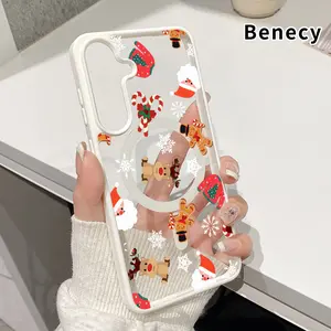 Christmas Delight Pattern Magnetic Phone Case Compatible with Galaxy S23 Ultra S24 Plus S25 S22+ FE Anti-Yellowing Shockproof Lightweight Transparent Acrylic Soft Cover Supports Wireless Charging.