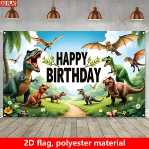 2D Flat, Dinosaur Birthday Banner - Durable Polyester Party Decoration with Happy Birthday Text, Vibrant Dinosaur Illustrations, Easy Setup, Indoor/Outdoor Use, Perfect for Youngsters'Celebrations, Festive Wall Hang, Party Decorations Banners