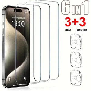 Protección De Pantalla De Vidrio Templado Para IPhone 15 Pro Max Con Protector De Lente De Cámara, Protector De Pantalla Ultra HD De 9H, Antiarañazos Y Antihuellas Dactilares, [3+3 Paquetes] Accessories Screen Protector Mobile Protection Cellphone Tablet
