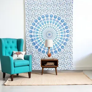 HomeRoots 397189 80 x 56 in. Blue & White Mandala Cotton Hanging Tapestry