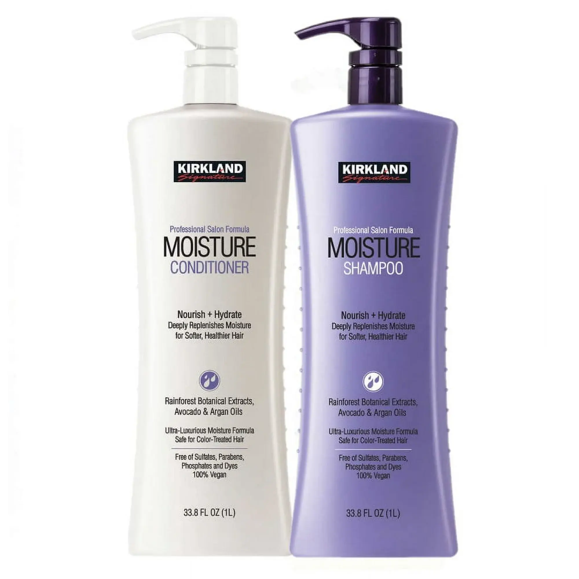 Kirkland Signature Moisture Shampoo & Conditioner Set, Nourishing & Hydrating Cleanser & Moisturizer for All Hair Types with Argan Oil & Avocado, 33.8 fl oz Each, Acrylates Copolymer, Haircare, Youth, Cocamidopropylamine Oxide