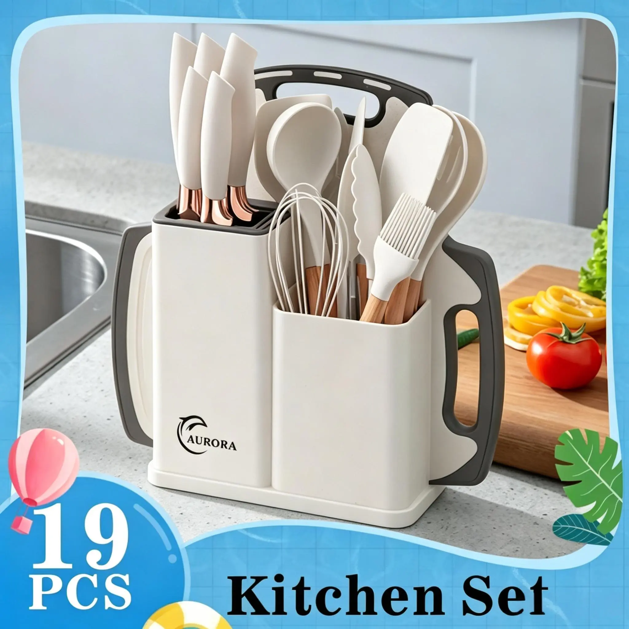 18-Piece Silicone Kitchenware Set | 1 Knife + Non-Stick Pan Safe Tools With Storage Container | Easy-Clean & Durable |