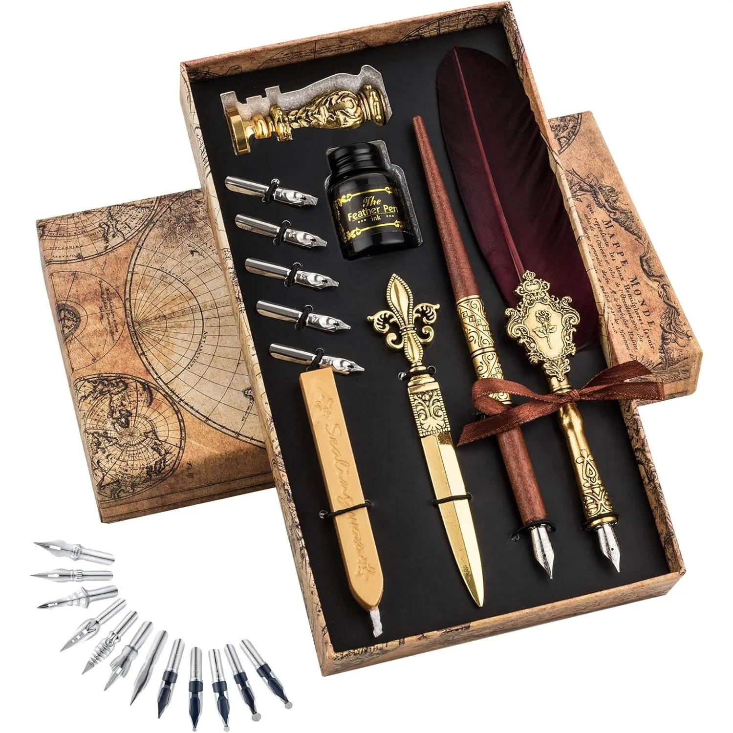 Traditional Quill Calligraphy Pen and Ink Boxed Kit - Smooth Writing Pen, Office Stationery Writing Tool, 22-Count Accessories, Unique Feather Set, Enhances Ink Absorption for Cards, Documents