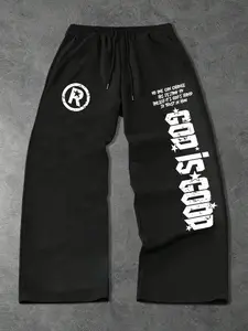 Men's Casual Sport Pants, Eye-Catching 'god Is Good' Print, Soft Fabric + Wide Leg Design, Perfect for Shopping, Sports, and Casual Wear, Knitted Sports Pants