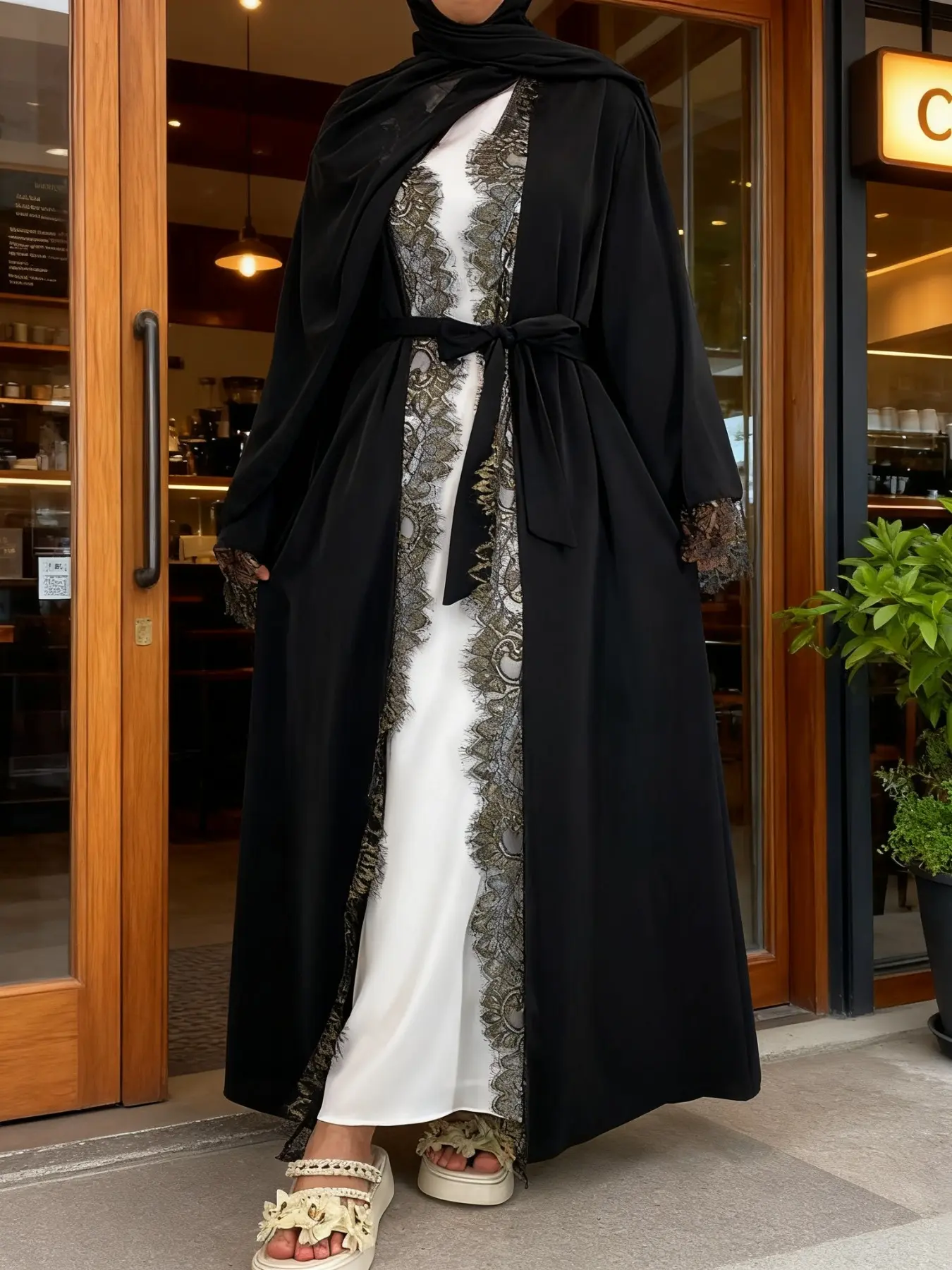 [Including hijab not inner] Muslim Women Nida Material Long Robe, Belted Kaftan, Modest Muslim Outfits, Modesty Muslim Clothing, 5 Sizes Available, Light Blue/Black, Waist Cinching Belt & Pockets, Lace Details, Modest Clothes, Modest Style