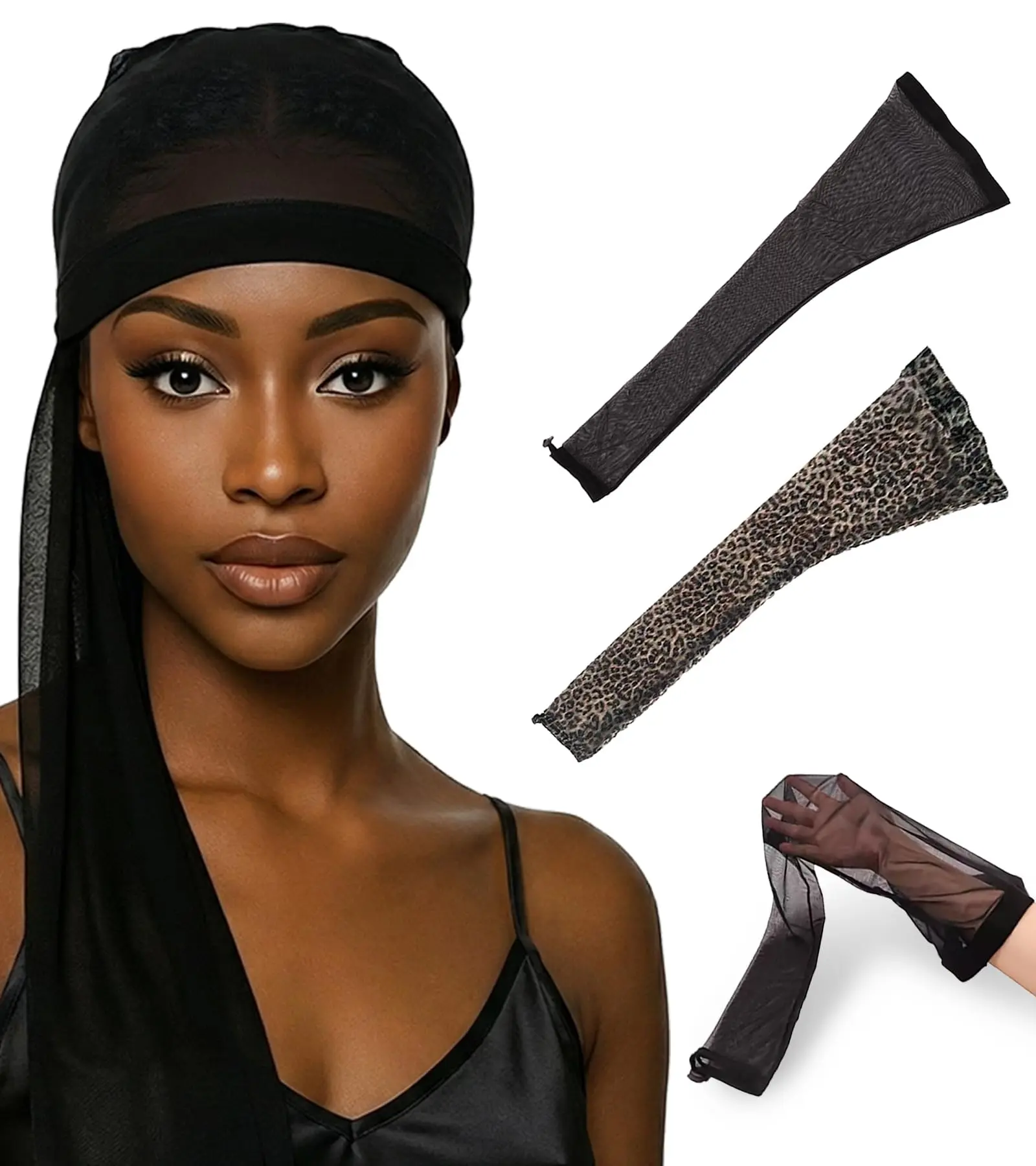 2-Pcs Spandex Mesh Hair Weave Sleeve for Locs & Braids, Lightweight Semi-Sheer Breathable, Stretchy Durable Fashionable, Elastic Band & Drawstring, Compact Travel-Friendly Commuting Long Wig Cap (Black + Leopard)