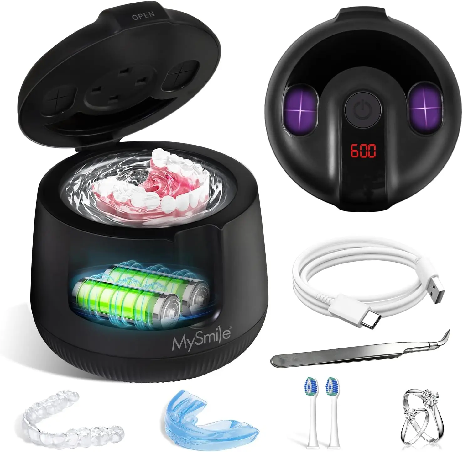 MySmile Cordless Ultrasonic Cleaner with UV Light, 4000mAh Portable Rechargeable Dental Pod for Retainers & Dentures, 200ML Compact Machine, 24-Month Warranty, Usb-C, Compact Shape, 300S Ultrasonic + Uv, 600S Uv Only