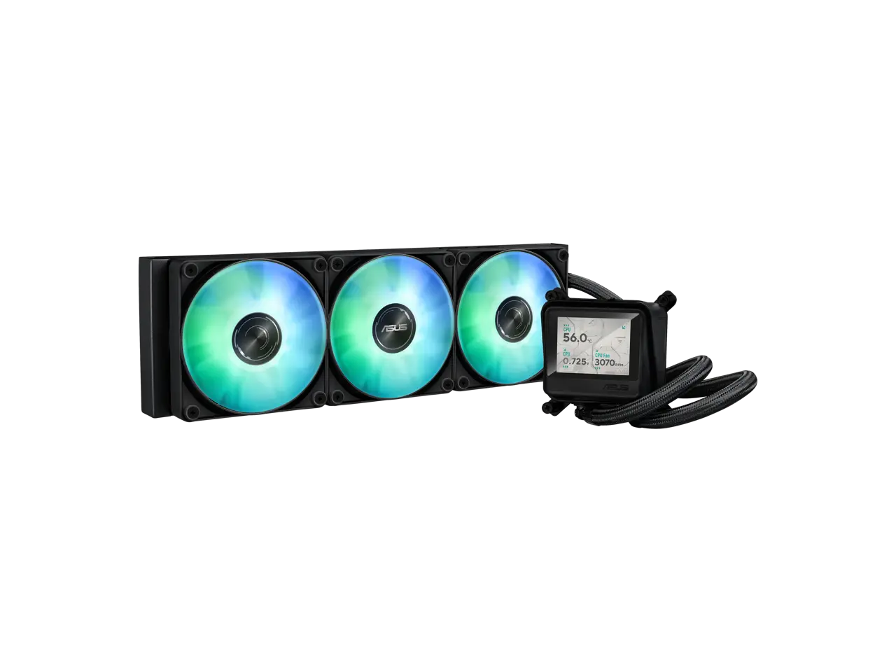 ASUS MAX Gaming LC 360 ARGB LCD all-in-one CPU liquid cooler with advanced cooling performance, vivid 2.4" IPS screen, pre-installed ARGB fans, and Aura lighting