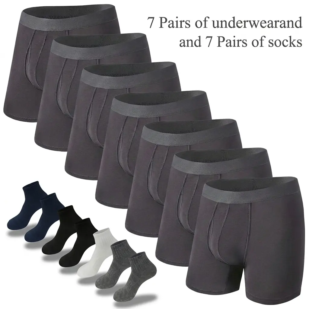 Men's Bamboo Viscose Boxer Briefs 7-Pack, Solid Long Leg Stretch Underwear with U-Pouch & No Ride-Up Fit, Includes 7 Free Socks, Gift for Father, U-Pouch Shape, Boyshorts, Outdoor, Fabric