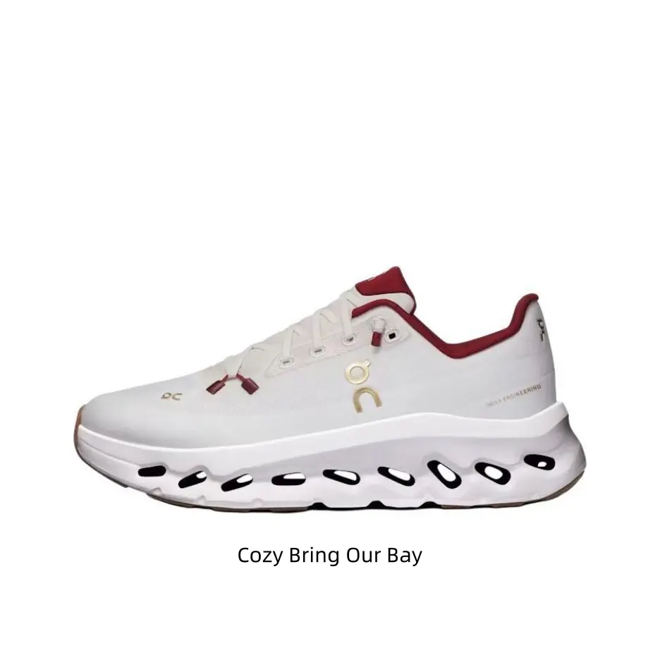 Cream white burgundy gold accent hollow carved running sneakers, matte clean mesh construction, white hollow anti-slip sole matches all retro casual & athletic streetwear looks
