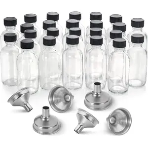 2 oz Small Clear Glass Bottles w/ Lid & 6 Stainless Steel Funnels - 60ml Boston Sample Bottles - Mini Travel Essential or Decorative Bottles for Potion, Juice, Wellness, Ginger Shots, Whiskey