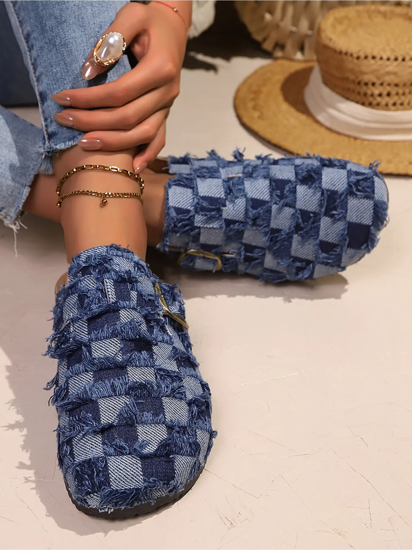 Women's Black White Frayed Denim Checkered Mules, Casual Mules, Distressed Plaid Closed Toe Clogs, Comfortable Slip On Slides, Footwear for Summer Outdoor, Shoes Clogs