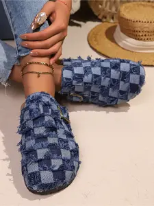 Women's Black White Frayed Denim Checkered Mules, Distressed Plaid Closed Toe Clogs, Comfortable Slip On Slides, Footwear for Summer Outdoor