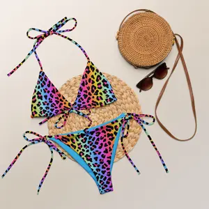 90s Rainbow Leopard Bikini Set  Y2K String Bikini  Frank Neon Rave Bikini  Lisa Bachelorette Set