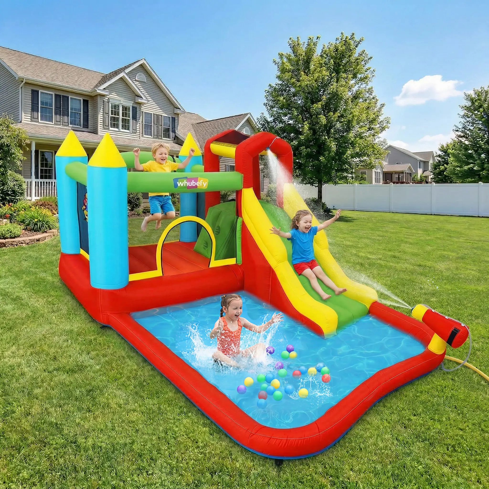 Whubefy Inflatable Bounce House for Kids 3–12, Includes Blower，300lbs Capacity, With Water Slide, Climbing Wall, Basketball Hoop & Water Gun. Wet & Dry Use, Indoor Outdoor All-Season Fun. Perfect Kids Gift & Party Essential, mothersdaygift