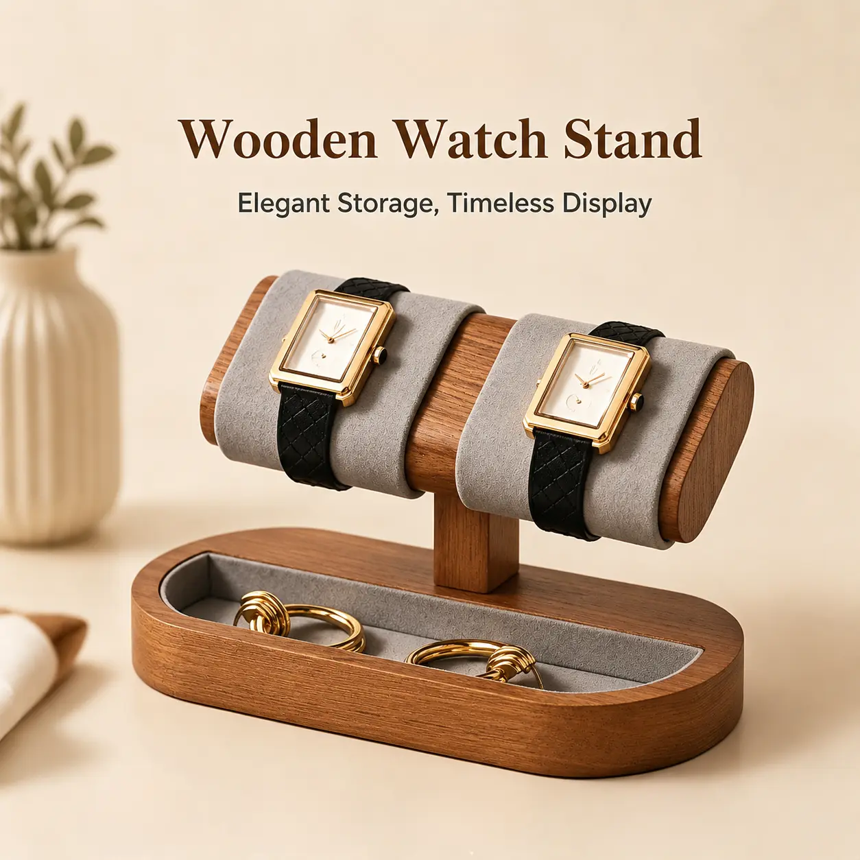 Oirlv Solid Wood Double Watch Stand with Jewelry Tray, Luxury Watch Holder Organizer for Men and Women, Premium Gray Microfiber Watch Display Stand for Nightstand, Dresser, and Retail Showcase (Walnut Color)