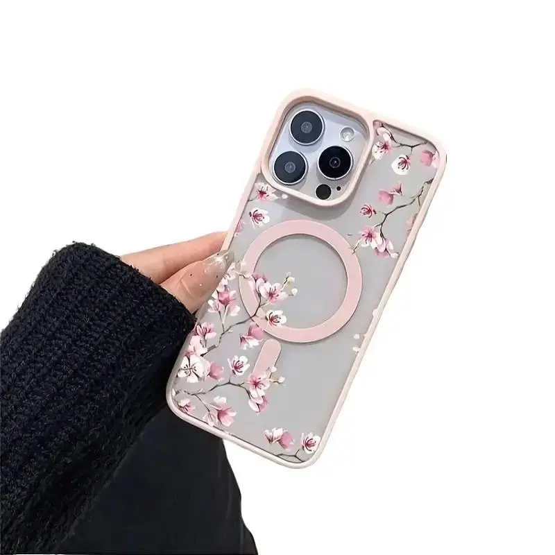 Floral Protective Magnetic Cellphone Cover for iPhone 17/16/15/14/13/12/11/X/XS, Elegant Pink Cherry Bloom Design, Ultra-Thin TPU Casing, Slip-Resistant, Scratch-Resistant Smartphone Accessory
