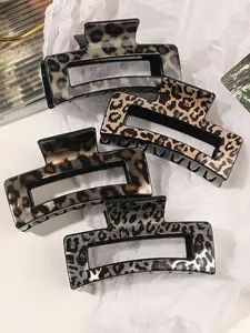 4pcs-Leopard-Print-Hair-Claw-Clips-Glossy-Minimalist-Square-Hair Clip Set-Accessories-For-Daily-Casual-Wear-Square Shape Hair Clip Set for All Seasons