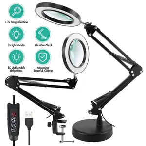 10X Magnifying Glass with Light and Stand, 72 LEDs Dimmable Bright LED Lighted Magnifier, 26'' Long Ajustable Swing Arm Magnifying Desk Lamp with Clamp, Hands Free for Hobby Repair Sewing Crafts Workbench