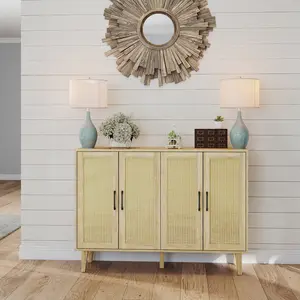 Modern Rattan Sideboard Cabinet with 4 Doors & Adjustable Shelf for Kitchen Buffet Storage Living Room Entryway Black 15"D X 48.43"W X 34.65"H Sturdy MDF Board & Solid Metal Leg