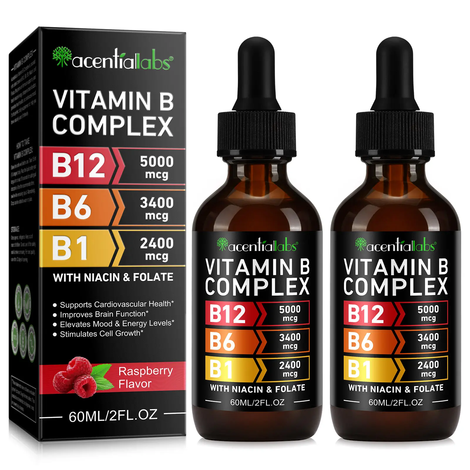 [Two-Bottle Pack] Vitamin B12 and B6 Drops, Sublingual Vitamin B12 Complex - Vitamin B12 5000mcg - Vitamin B12 Methylcobalamin, supports energy, brain, and heart health, raspberry flavor, suitable for both men and women, Made in the USA, 6 fl oz.