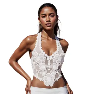 Women Sleeveless Halter Tops Summer Floral Print Sheer V-Neck Backless Shirts for Streetwear Aesthetic Grunge Clothes