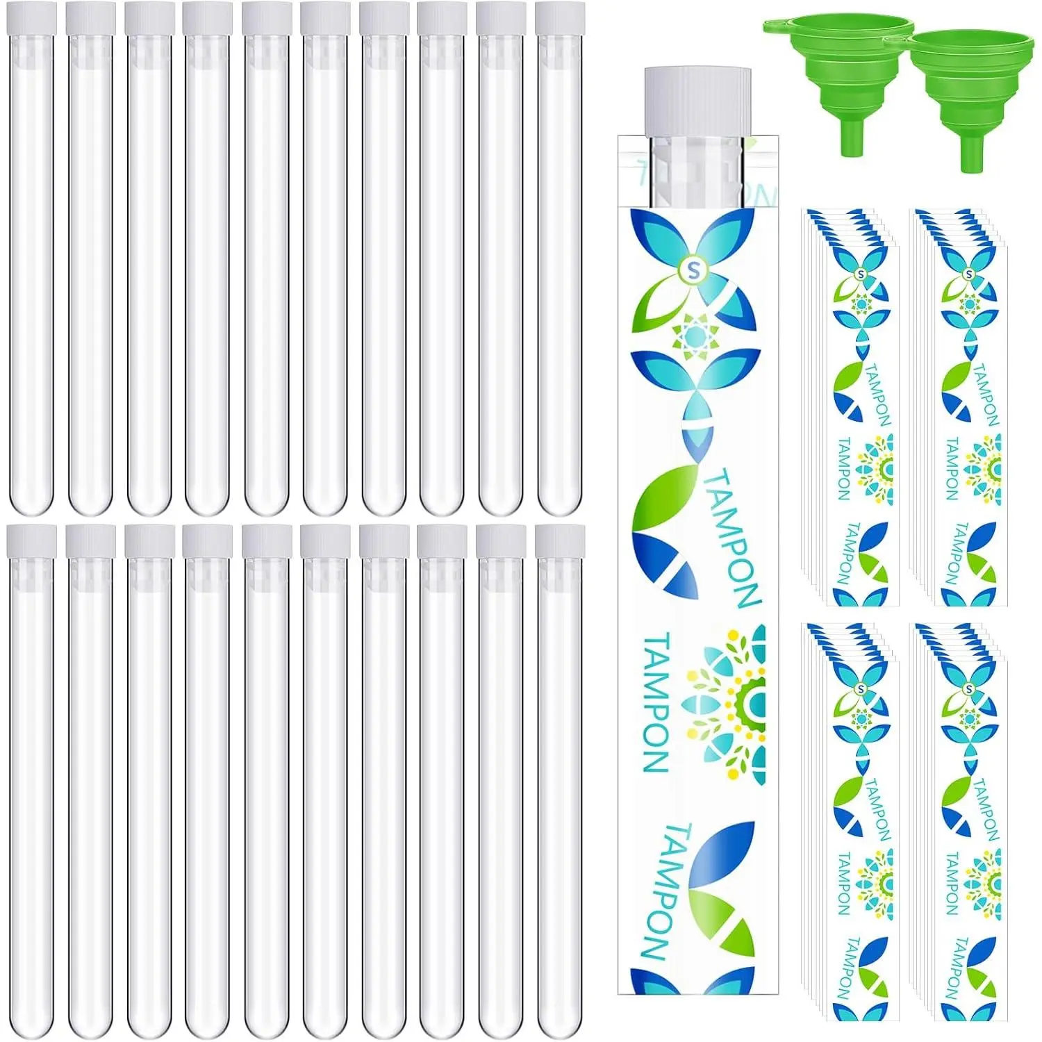 Women's Plastic Tampon Storage Set (62 Pcs) - 20 Tubes, 40 Reusable Wrappers, 2 Silicone Funnels, Ideal Gift for Home Organization