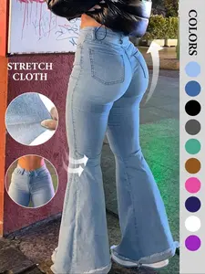 Women's Bell Bottom Flare Jeans Mid Rise Denim Pants Destroyed Raw Hem Denim Pants（gift）