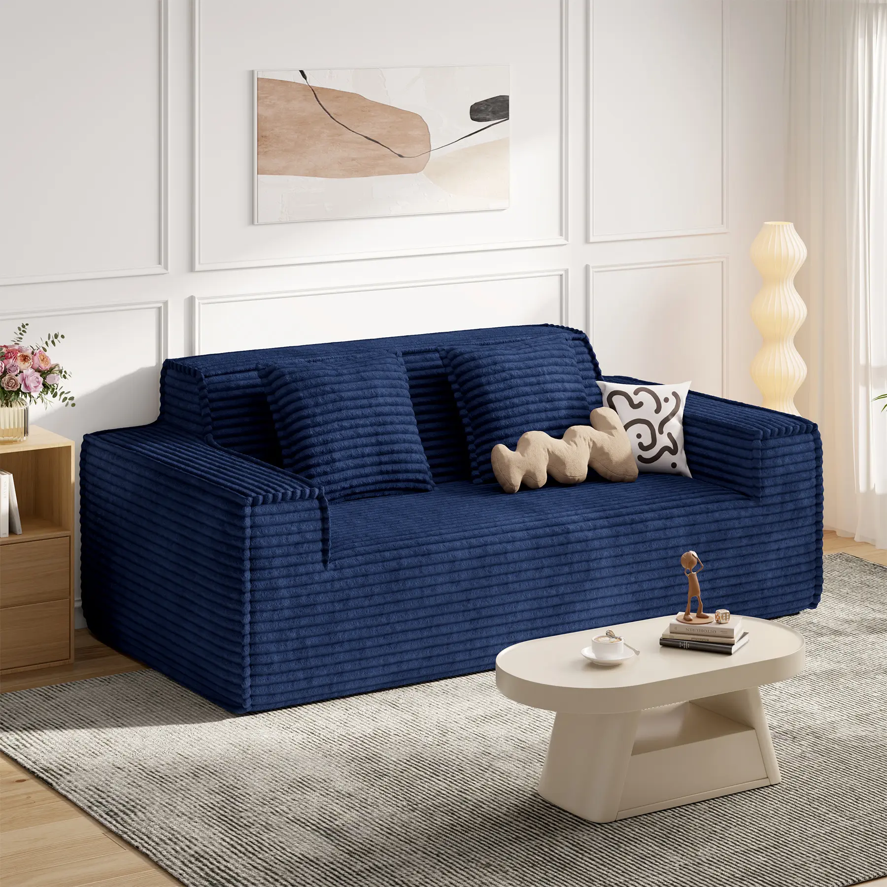 77in Modern Minimalist Corduroy Cloud Soft Sofa - 1 Pc Boneless Lazy Couch, No Assembly Required, Cozy Deep Seat Indoor Furniture for Living Room, Bedroom Apartment Furniture