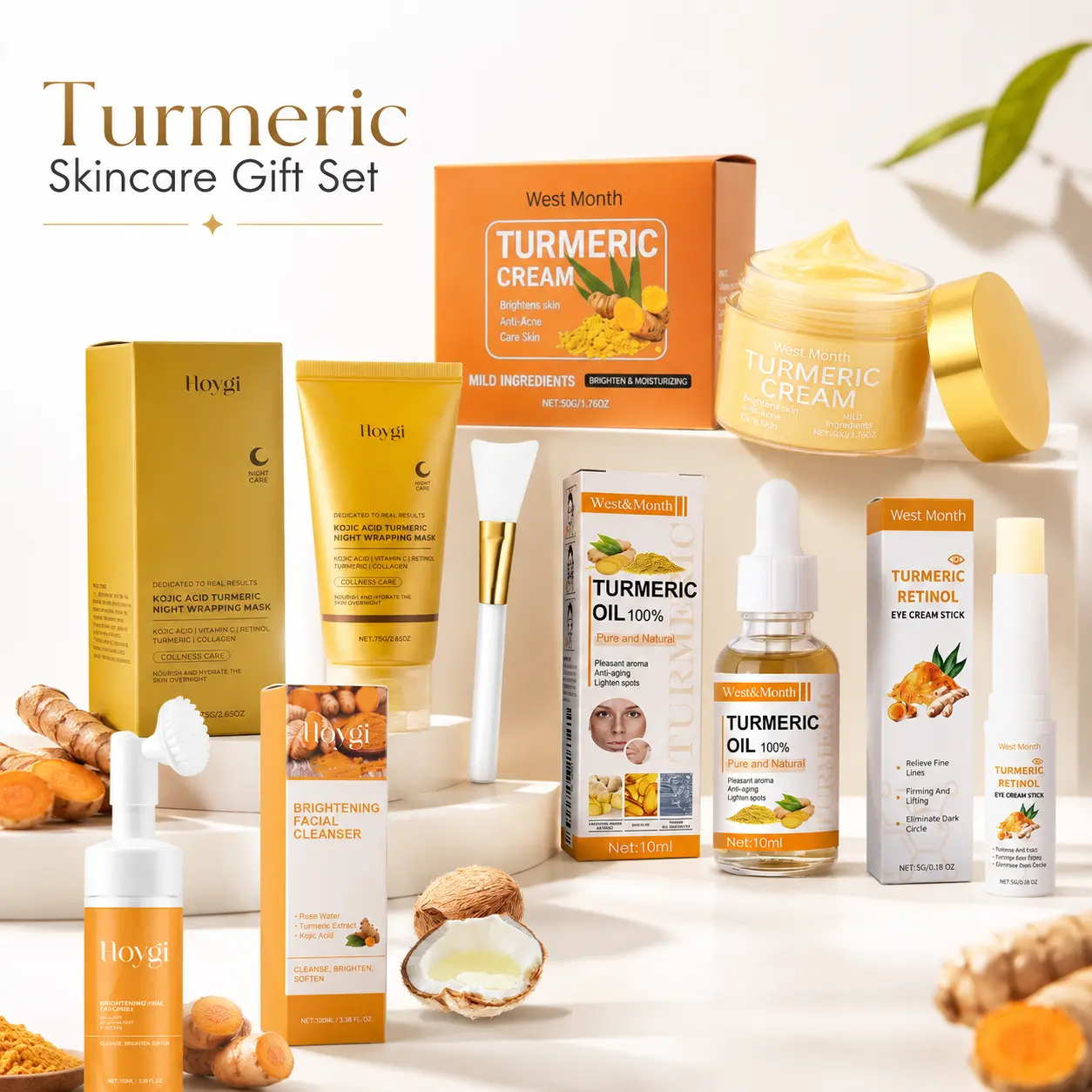 5 Piece Turmeric Retinol Skincare Gift Set for Dark Spots and Uneven Skin Tone, Complete Brightening Face Care Kit with Facial Cleanser, Turmeric Oil, Face Cream, Kojic Acid Night Mask and Eye Cream Stick, Hydrating Moisturizing Radiant Glow Routine