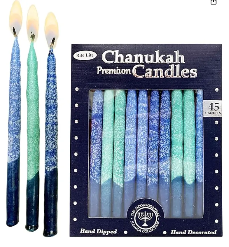 Rite Lite Premium Hanukkah Decorative Candles - Blue Shades, Bulk 45-Pack, 1h Clean Burn Bright Flame, Handmade by Skilled Artisans, Fits Standard Menorahs, Jewish Holiday Home Decor, Menorah