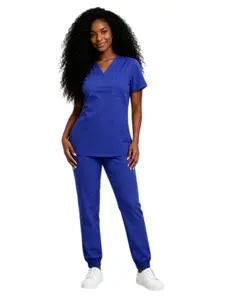 Women's V-Neck Scrub Set, Short Sleeve Medical Uniform with Multi-Pocket Jogger Pants for Healthcare Workers