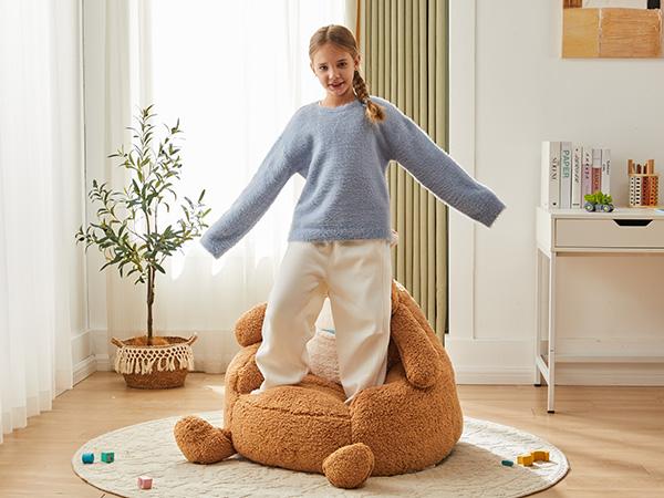 Kids Bean Bag Chair, Stuffed Toddler Couch with Faux Rabbit Fur Cover for Teens & Kids, Comfy Lazy Sofa Chair for Reader, Living Room, Bedroom, Aged 4-12 Years