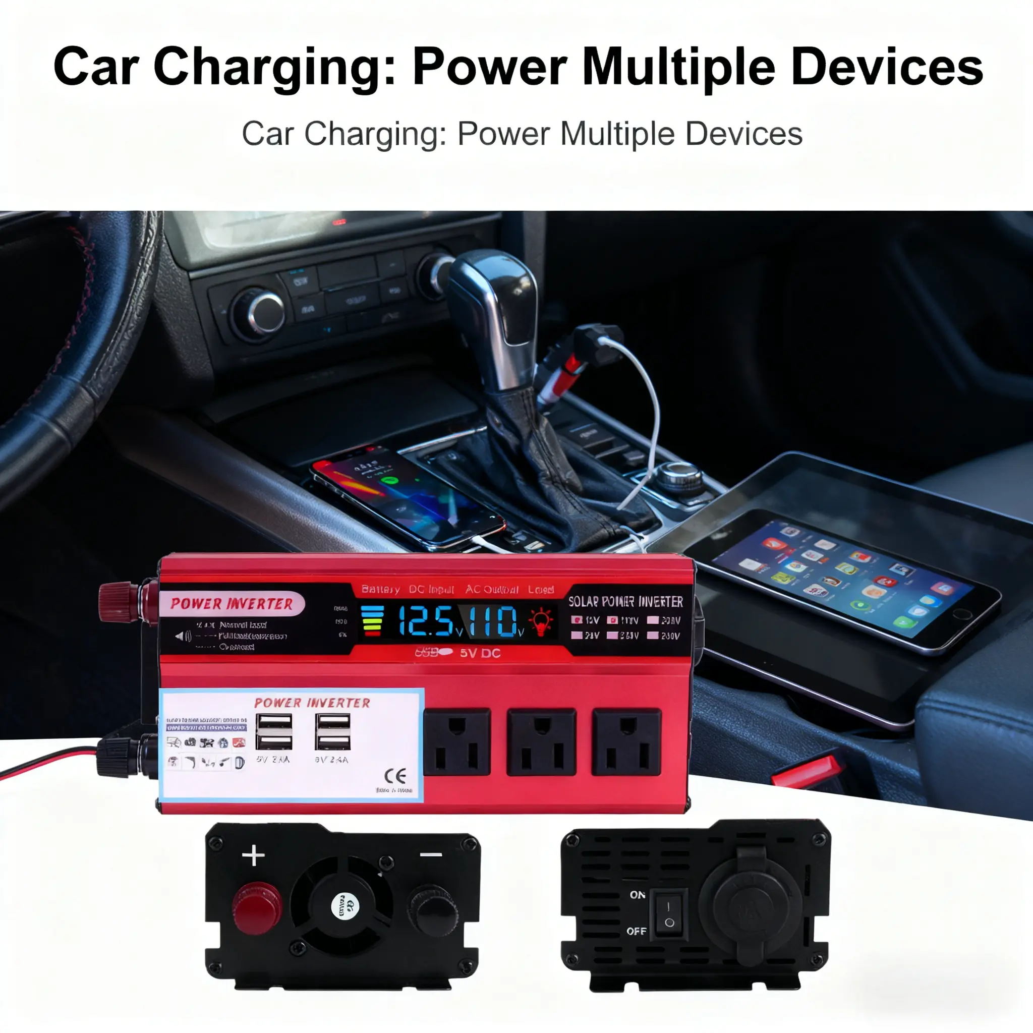 12V to 120V 5000W Power Inverter - CompactOutdoor Camping Voltage Transformer (200W &Above), 60Hz Frequency, +10% Stable Voltage, 3AC Sockets, 4 USB Fast Charging Ports, for RoadTrips, Emergency Power Needs