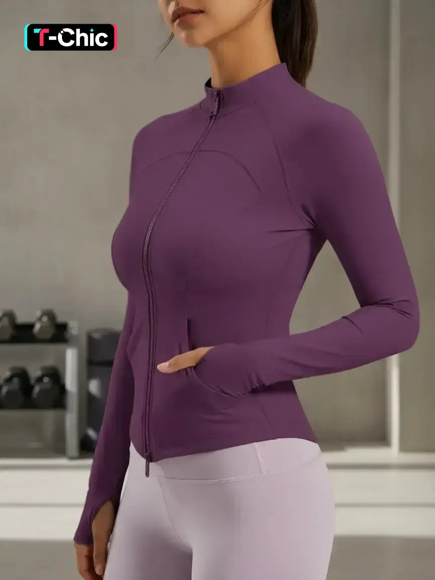 Women's Fitted Long Sleeve Lightweight Sports Jacket, Workout Jacket, Full Zipper Design, Ergonomic Cut, Dual Pockets, Waist Shaping, Sporty Style, All Seasons